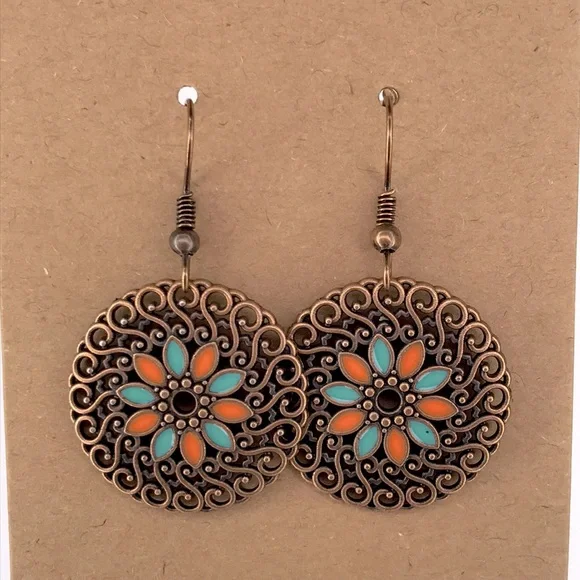 Vintage Floral Bronze Earrings with Turquoise and Orange Accents - Picture 4 of 4